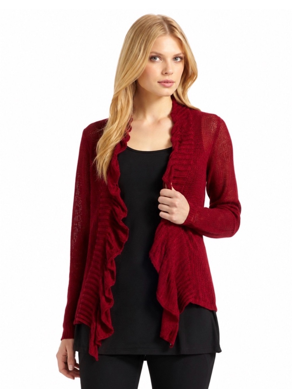 Eileen Fisher Red Ruffled Open-Front Cardigan
